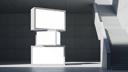Modern staircase and abstract white boxes in a minimalist architectural interior viewed from the side