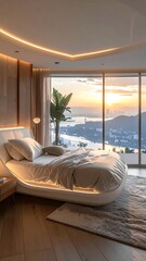 Modern bedroom interior with large window view and elegant design