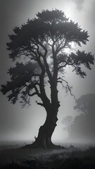 Monochrome depiction of a towering tree enveloped in mist