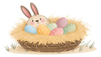 Cute Easter nest with fluffy straw, small bunny ears peeking out, pastel Easter eggs arranged neatly, soft cartoon-realistic style, warm tones, isolated on transparent background