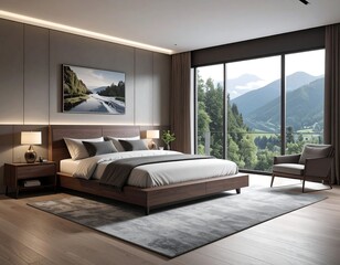 Modern bedroom interior with mountain view and minimalist design