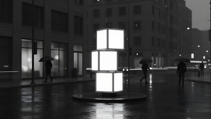 A gleaming cube sculpture glows brightly in a wet city street at night surrounded by people and tall buildings