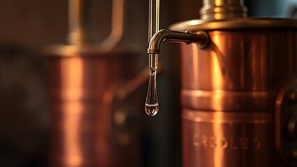 condenser. Copper pot still with a clear droplet forming, warm ambient light. bar promotions, beverage menus, designed for product packaging and bar promotions, used by web designers.