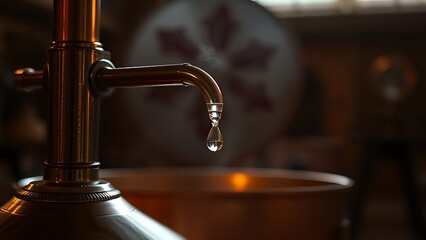 condenser. Copper pot still with a clear droplet forming, warm ambient light. bar promotions, beverage menus, designed for product packaging and bar promotions, used by web designers.