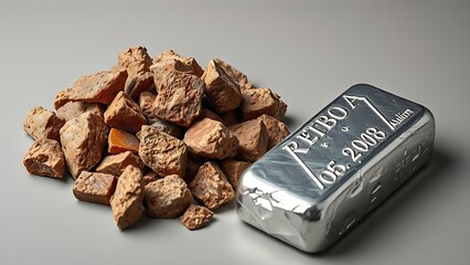 bauxite. A pile of reddish-brown bauxite ore next to a polished silver aluminum ingot. safety posters, maintenance manuals, designed for industrial assembly lines and welding operations.