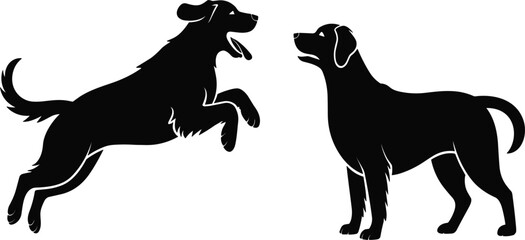  Labrador retriever dog silhouette set, playful jumping and standing puppy vector icons, pet animal silhouettes