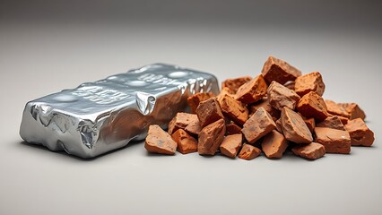 bauxite. A pile of reddish-brown bauxite ore next to a polished silver aluminum ingot. safety posters, maintenance manuals, designed for industrial assembly lines and welding operations.