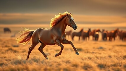 galloping. Wild horse galloping across a vast grassland during golden hour. wildlife magazines, conservation campaigns, designed for eco-tourism storytelling and nature documentaries and education.