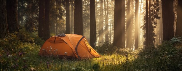 The Tent Bathed in Golden Morning Light Amid Serene Pine Forest Clearing