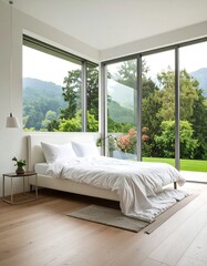 Modern bedroom with large windows overlooking a lush, green landscape