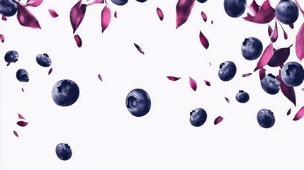 Falling blueberries, leaves, white background, food banner
