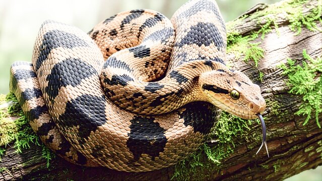 Coiled Python Clinging to Mossy Tree Trunk in Dense Forest Settin