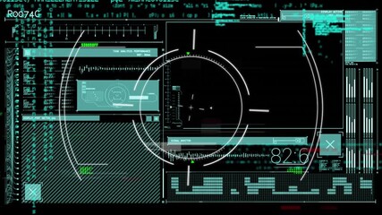 Digital animation of scope scanning over digital interface with data processing on black background - Powered by Adobe