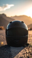 Motorcycle helmet on asphalt against mountains and sunset