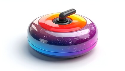 A colorful, digitally rendered curling stone with a black handle