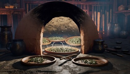 Rustic oven with prepared ingredients in traditional kitchen setting