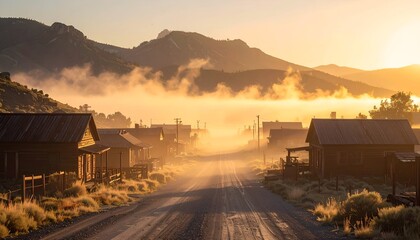 Rustic town at sunrise misty road and wooden buildings in scenic landscape