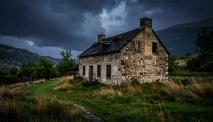 Obraz premium Rustic stone house in moody landscape architecture and nature