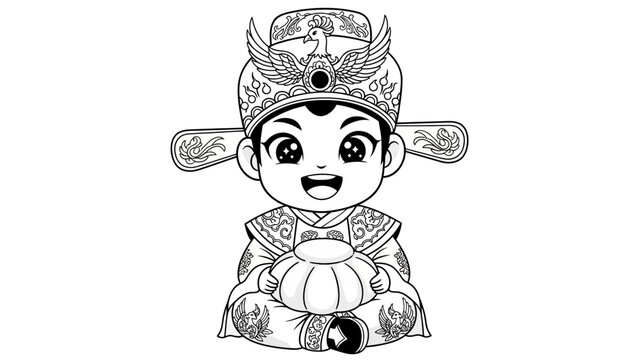 Chibi style illustration of a Chinese god of fortune, Cai Shen, isolated on a white background