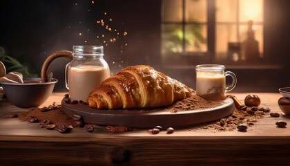 A delicious breakfast of hot espresso in a white cup served with a fresh french croissant and sweet pastry on a plate at a morning cafe