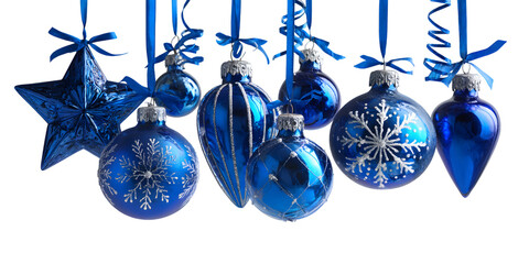 Blue christmas ornaments hanging isolated on white background