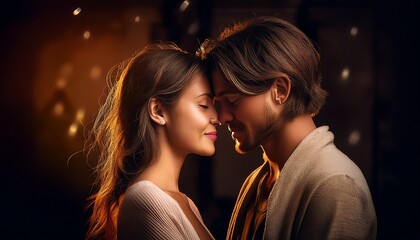 A sensual young couple shares a romantic kiss, showing deep passion and love as the boyfriend and girlfriend smile together in a dark, fashion-focused moment of true happiness