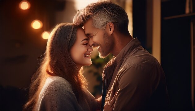 A smiling young couple shares a romantic kiss and a warm hug, expressing pure love and happiness as the boyfriend and girlfriend enjoy a moment of deep affection and togetherness