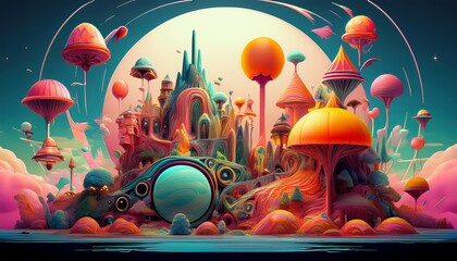 A vintage red hot air balloon flies over a cartoon city road with a toy car and bus in a fun vector illustration under a blue sky with clouds