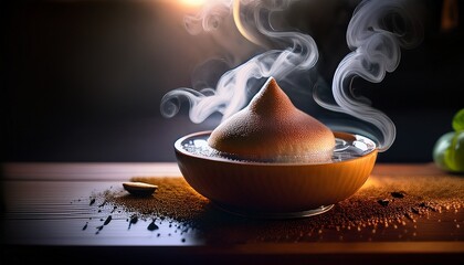 Incense sticks with burning smoke and a candle flame cast a healthy light over a green tea cup and teapot against a dark black background