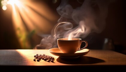 A closeup of a steaming hot cup of dark black espresso coffee on a rustic wooden cafe table during breakfast, showcasing the rich brown aroma and warm caffeine beverage in a white ceramic mug