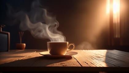 A closeup of a steaming hot cup of dark black espresso coffee on a rustic wooden cafe table during breakfast, showcasing the rich brown aroma and warm caffeine beverage in a white ceramic mug