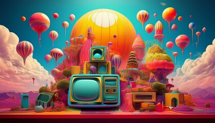 A vintage red hot air balloon flies over a cartoon city road with a toy car and bus in a fun vector illustration under a blue sky with clouds