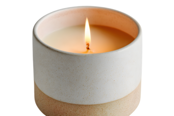 Single white candle in ceramic holder isolated on white background