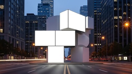 Modern sculpture displayed in the center of a city street surrounded by tall buildings at dusk