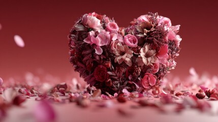 Obraz premium A splendid heart crafted from various flowers stands out against a rich red background. Surrounding petals create a romantic atmosphere, perfect for celebrating love and affection