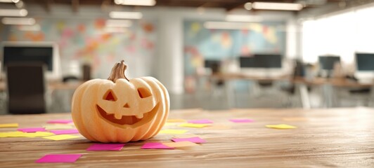 The pumpkin on an office desk surrounded by colorful sticky notes for autumn planning