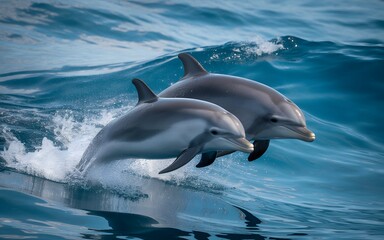 Fototapeta premium A Pair of Dolphins Leaping in Unison Out of Deep Blue Ocean Water with Bright White Splashes