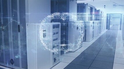 Animation of human brain icon spinning and data processing against computer server room - Powered by Adobe