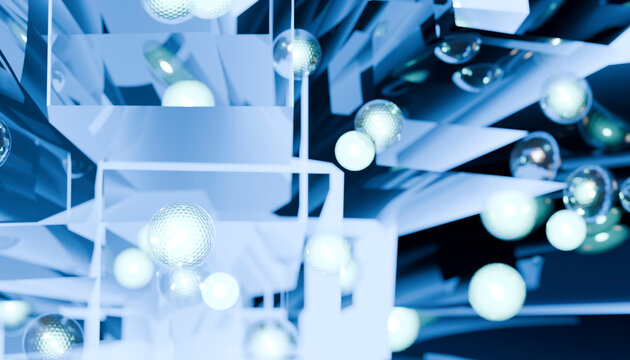 Modern 3d geometric abstraction with glass spheres and dynamic shapes