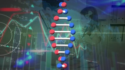 Animation of dna strand spinning over data processing and exercising strongman - Powered by Adobe