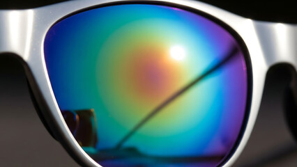 Close-up of mirrored sunglasses reflecting a vibrant rainbow of colors, showcasing a unique optical effect and stylish accessory