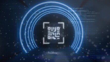 Animation of qr code and rotating circular safe lock with data processing on black - Powered by Adobe