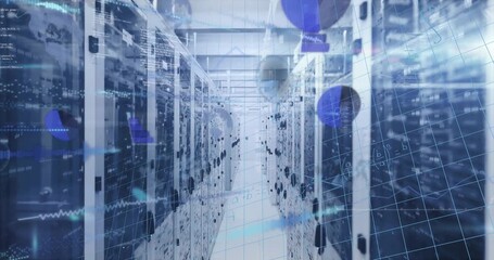 Animation of data processing and mathematical equations against server room - Powered by Adobe