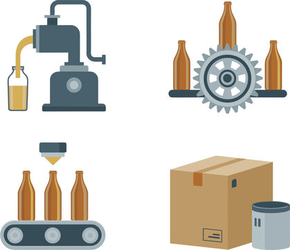 Beverage bottling production process illustration showing filling machine, conveyor system, glass bottles, packaging box, and industrial manufacturing workflow