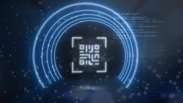 Animation of qr code and rotating circular safe lock with data processing on black