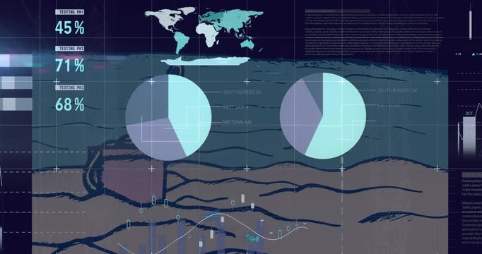 Animation of infographic interface with database over sand pail and shovel at beach