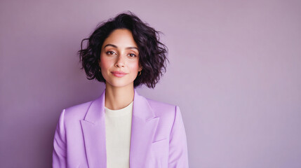 Fototapeta premium Sophisticated Portrait of a Smiling Latina Woman with Glowing Skin in a Light Violet Suit