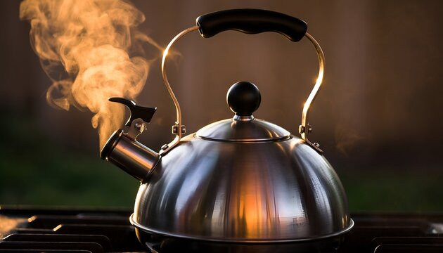Steaming kettle on a stove with visible vapor and warm tones