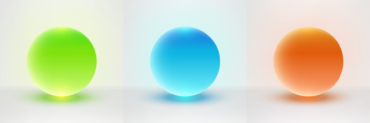 Fototapeta na wymiar Glowing 3d glass spheres set in green blue and orange with soft gradients and realistic shadows isolated on white background for futuristic tech design elements