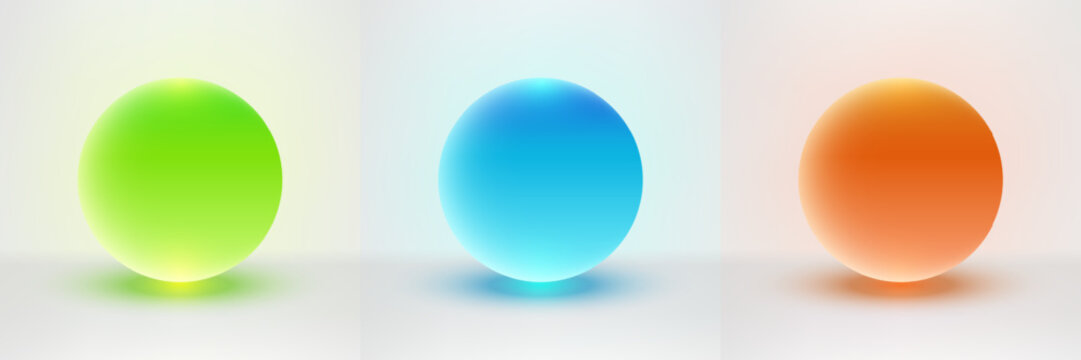 Glowing 3d glass spheres set in green blue and orange with soft gradients and realistic shadows isolated on white background for futuristic tech design elements